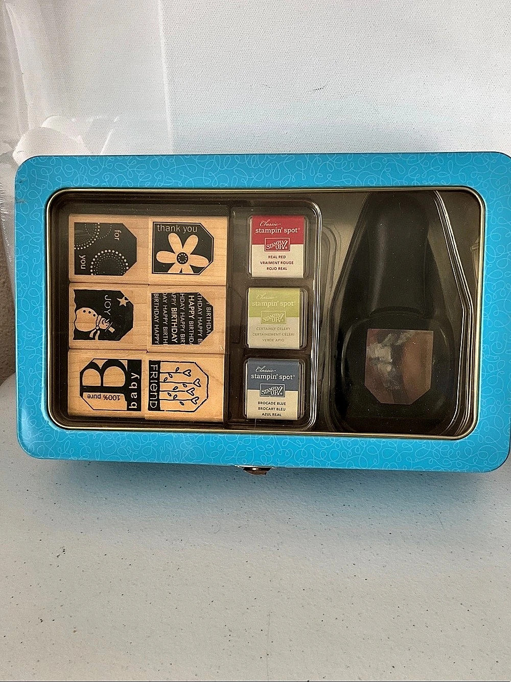 Stampin' Up! Terrific Tags Punch Box! Stamp Set in Blue & Black (NWOT)